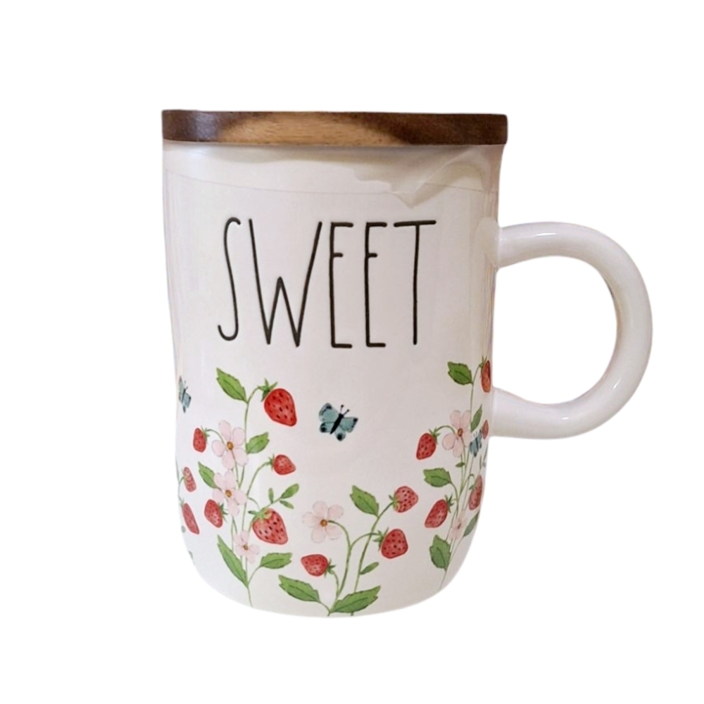 RAE DUNN SWEET STRAWBERRIES AND BUTTERFLIES MUG WITH WOODEN LID